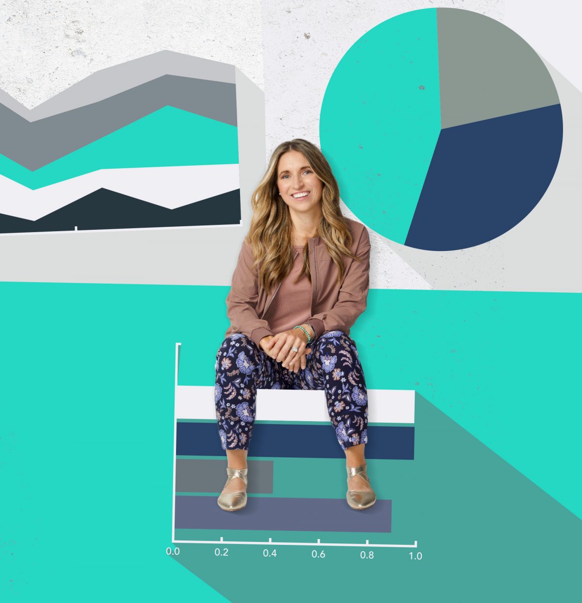 Twyla Verhelst CPA, CGA smiles with her hands clasped in front of her. She is edited to be sitting on a bar graph of decorative data.
