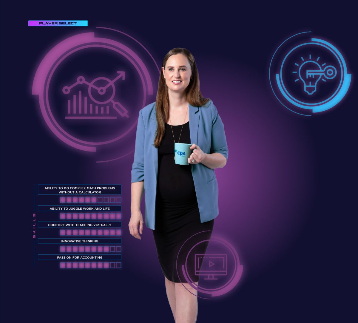 Kiersten Walker CPA, CA is holding a coffee mug. Around her are video game symbols and skills bars. The skills are 6/10 for ability to do complex math problems without a calculator, 10/10 for ability to juggle work and life, 10/10 for comfort with teaching virtually, 8/10 for innovative thinking, and 8/10 for passion for accounting.
