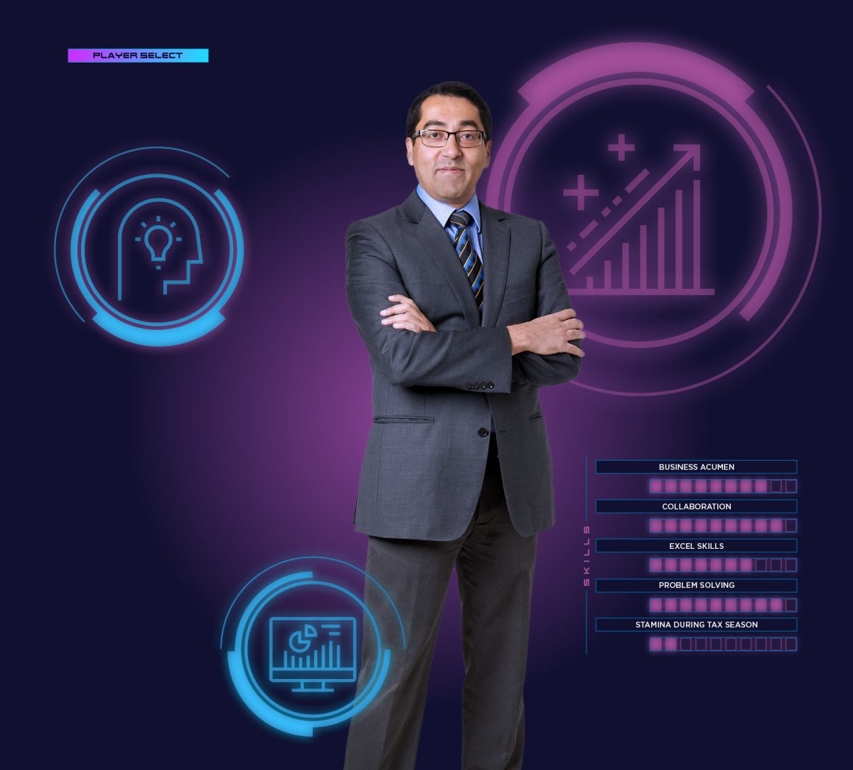 Shahid Qureshi CPA, CGA is crossing his arms. Around him are video game symbols and skills bars. The skills are 8/10 for business acumen, 9/10 for collaboration, 7/10 for excel skills, 9/10 for problem solving, and 2/10 for stamina during tax season.