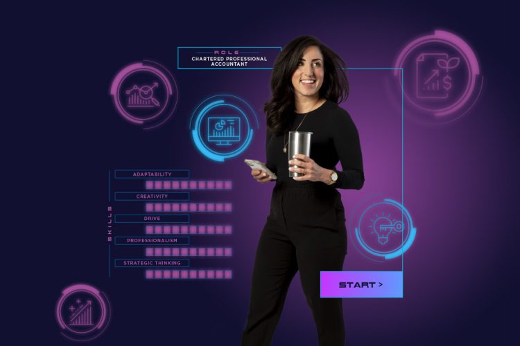 Hayat Kirameddine CPA, CA is holding a travel coffee cup and cell phone. Around her are video game symbols and skills bars. The skills are 10/10 for adaptability, creativity, drive, professionalism, and strategic thinking.