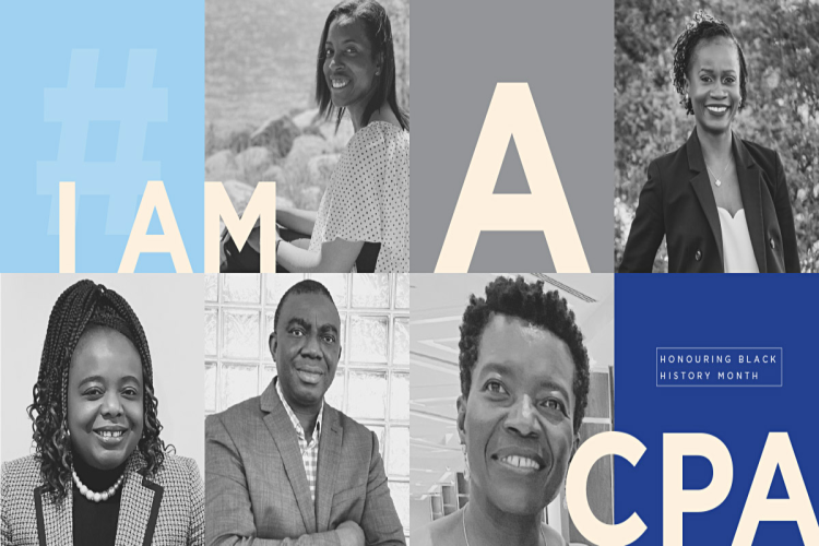 A collage of five Black CPAs against a blue and gray background. Text reads I Am A CPA. Honouring Black History Month.