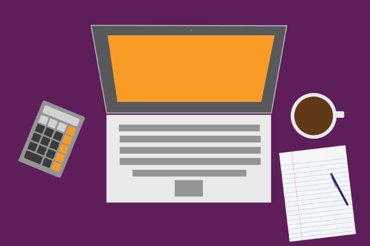 Illustrated laptop, calculator, coffee mug, and pad of paper on a purple background.