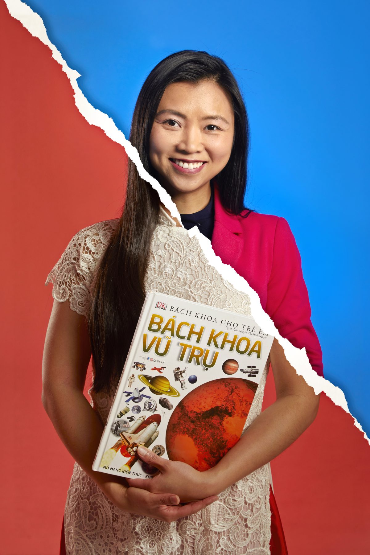 Two photos of Tam Nguyen CPA, CMA are spliced together with a tear in the middle. In the lower left is Tam holding a Vietnamese-language book and wearing a white dress. In the upper-right part of the photo is Tam wearing a pink blazer.