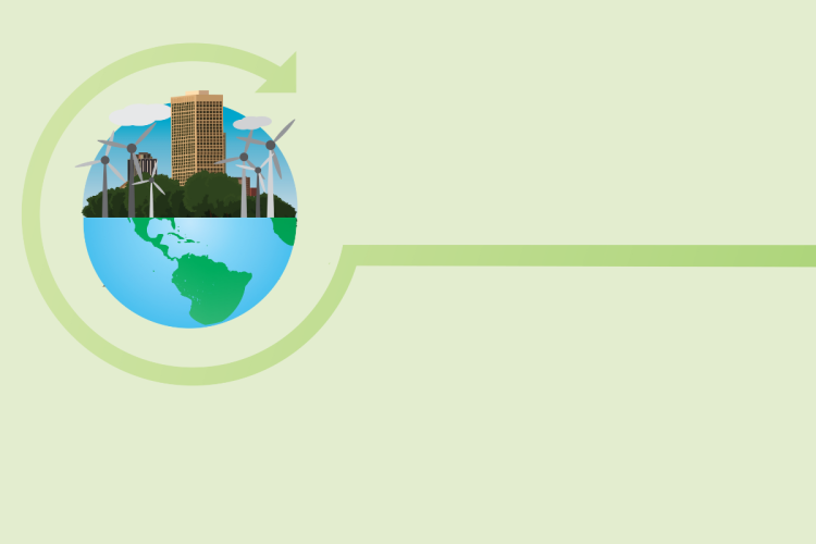 An illustration of the earth is layered beneath an illustration of wind turbines and a sky scraper.