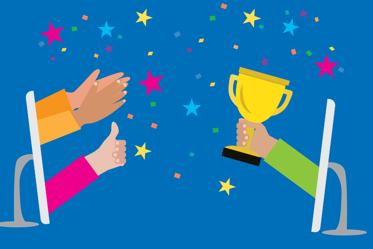 An illustration of two facing computer monitors. On the left is hands clapping and on the right is a hand holding up a trophy.