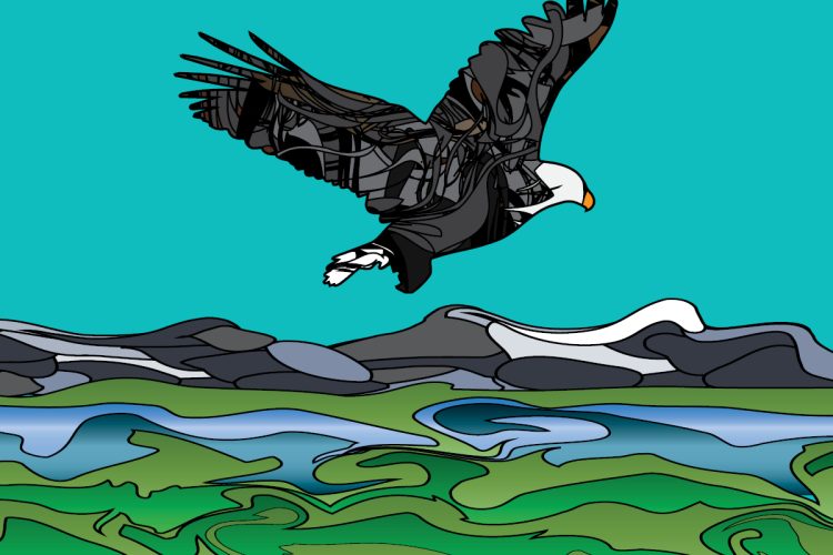 An illustrated eagle flying over an illustrated mountain range and valley a river running through it.