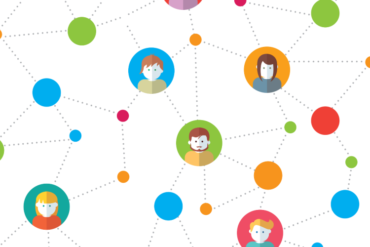 Colourful illustrated people inside coloured circles connected by dotted lines.