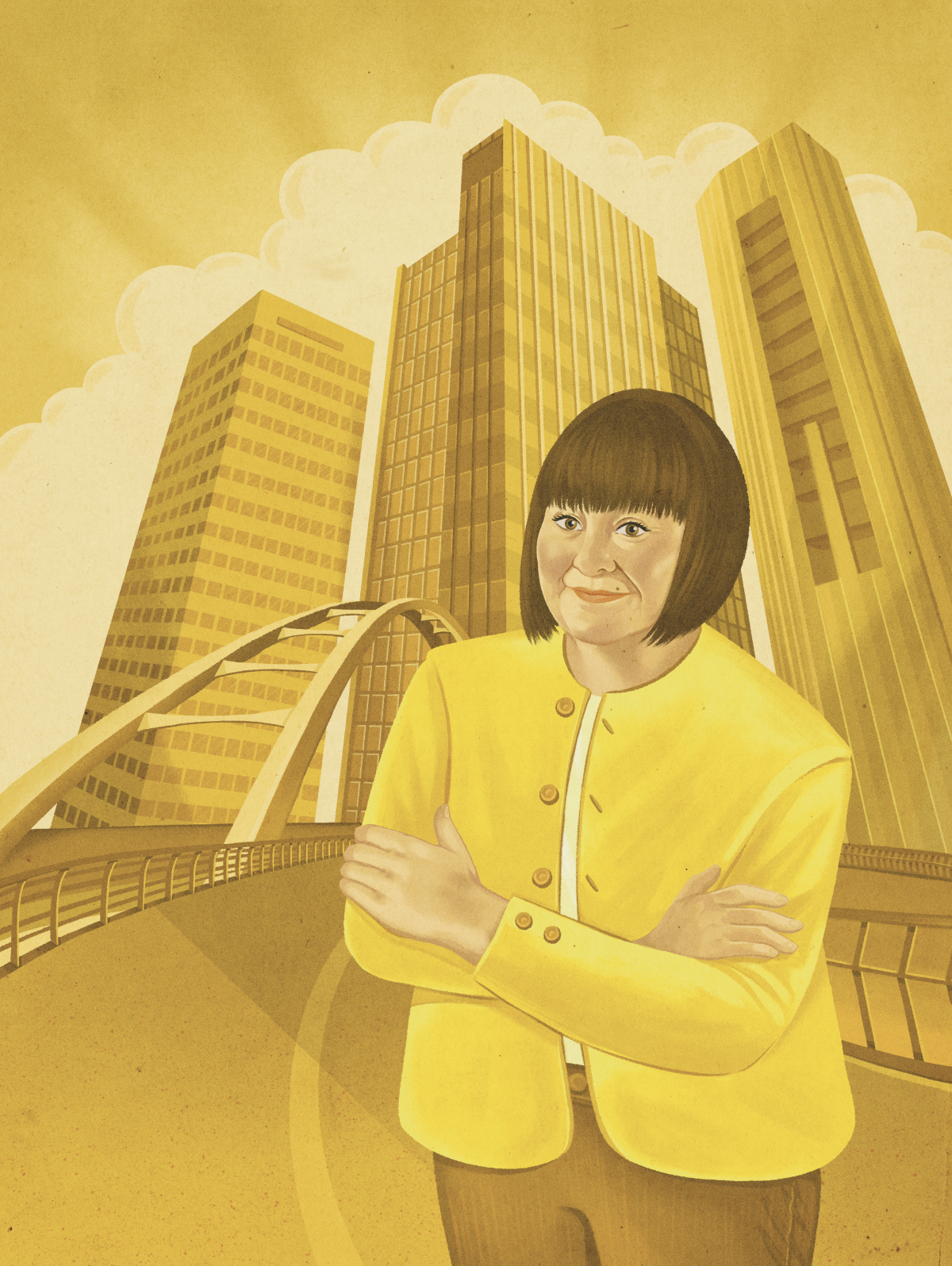 An illustrated version of Kris Cotter CPA, CMA with her arms crossed in front of her. Behind her is the Edmonton skyline.