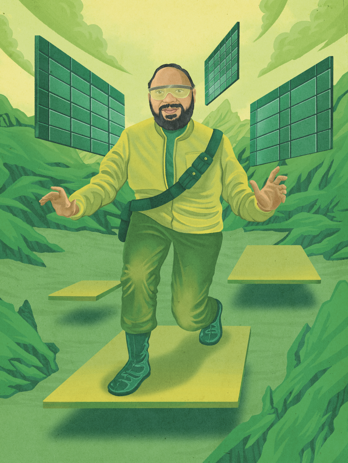 An illustrated version of Navin Jagasia CPA, CA riding a hoverboard through various Excel tables.