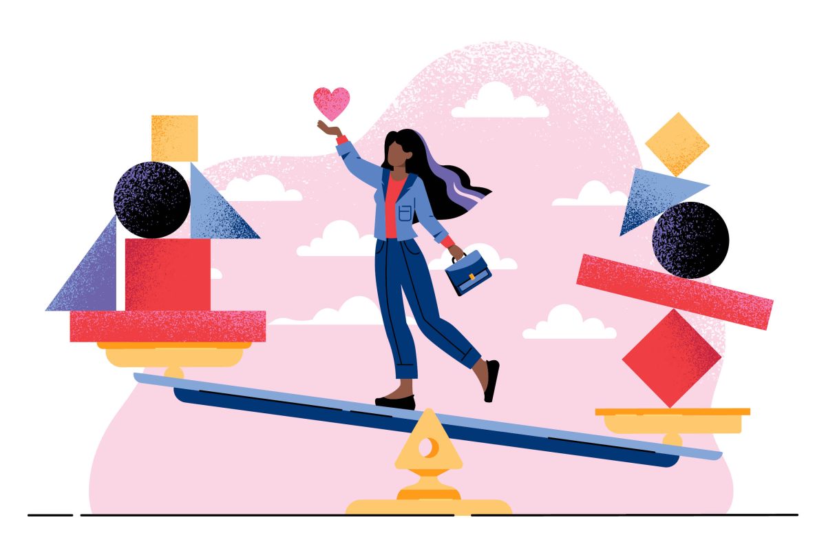 Illustrated people on a balance beam.