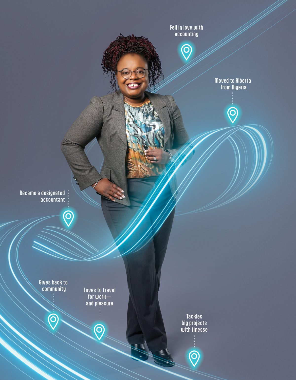 Kemi Awoniyi Ige is wearing a grey blazer and black pants. She has one hand on her hip and is smiling at the camera. Around her are blue swirls with map signs of various things she's accomplished in her career.