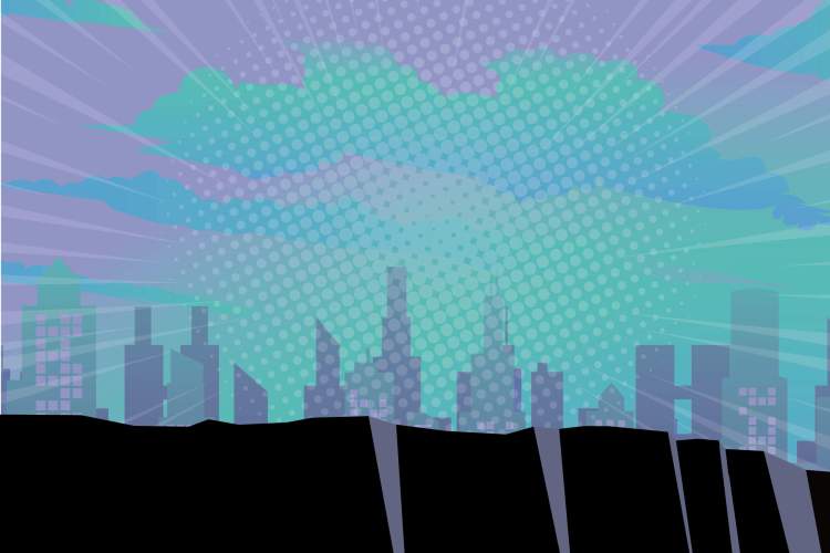 A comic book-type background of a cityscape.